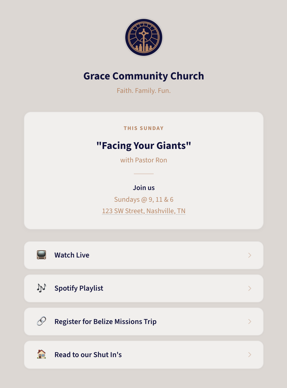 Example church link page on Midweek